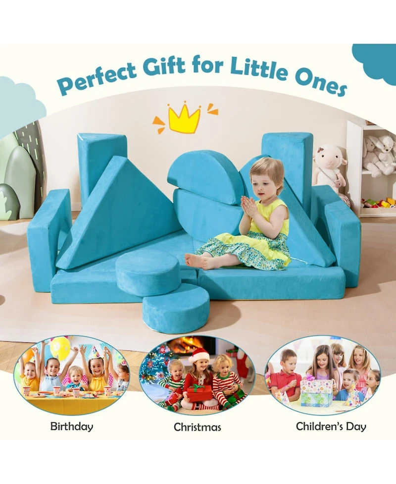 Gouun 14-Piece Modular Foam Play Couch with Velvet Suede Covers for Kids