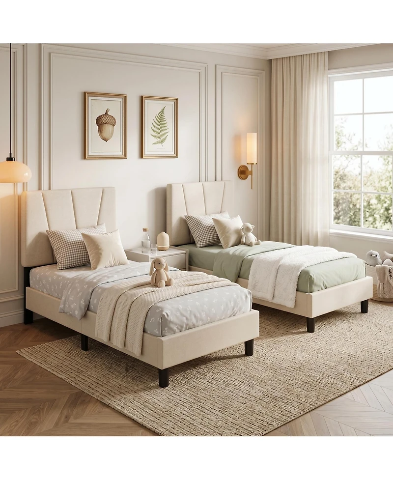 homfan 2 Set of Twin Size Bed Frame with Adjustable Headboard, Linen Upholstered Platform Bed with Wooden Slats