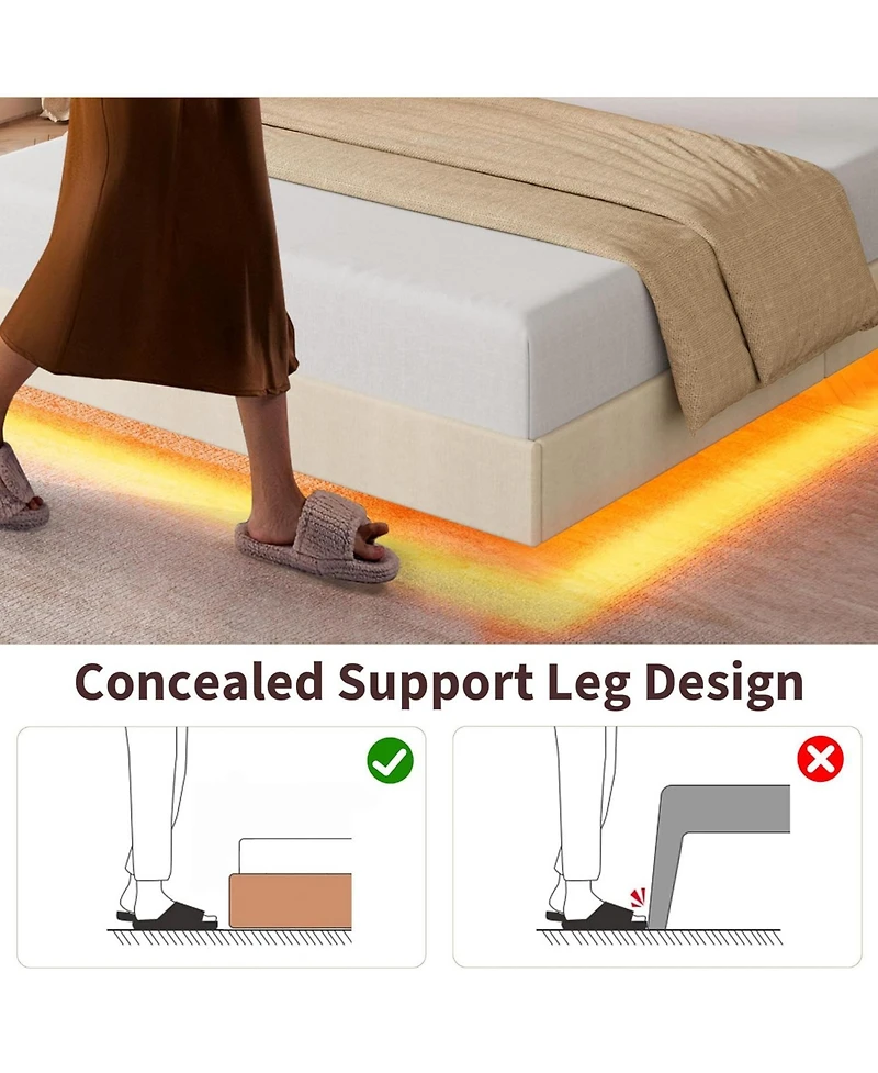 homfan Modern Floating Upholstered Platform Bed with Led Lights, Charging Station, Storage Headboard, Folding Shelves