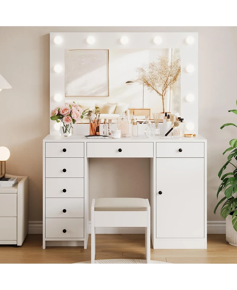gaomon Vanity Desk With Mirror and Lights, 3-Color Lights Adjustable Brightness Make Up Dressing Table With 2 Drawers,Makeup Desk