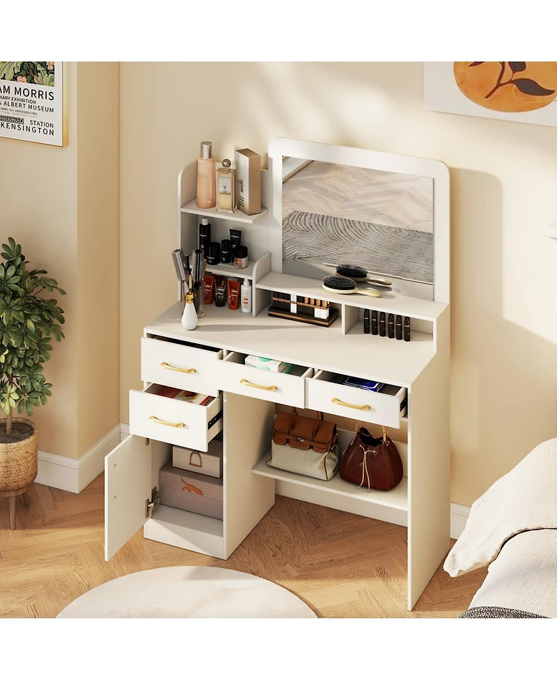 Slickblue Functional Vanity Desk with Mirror and Electrical Outlets for Bedroom