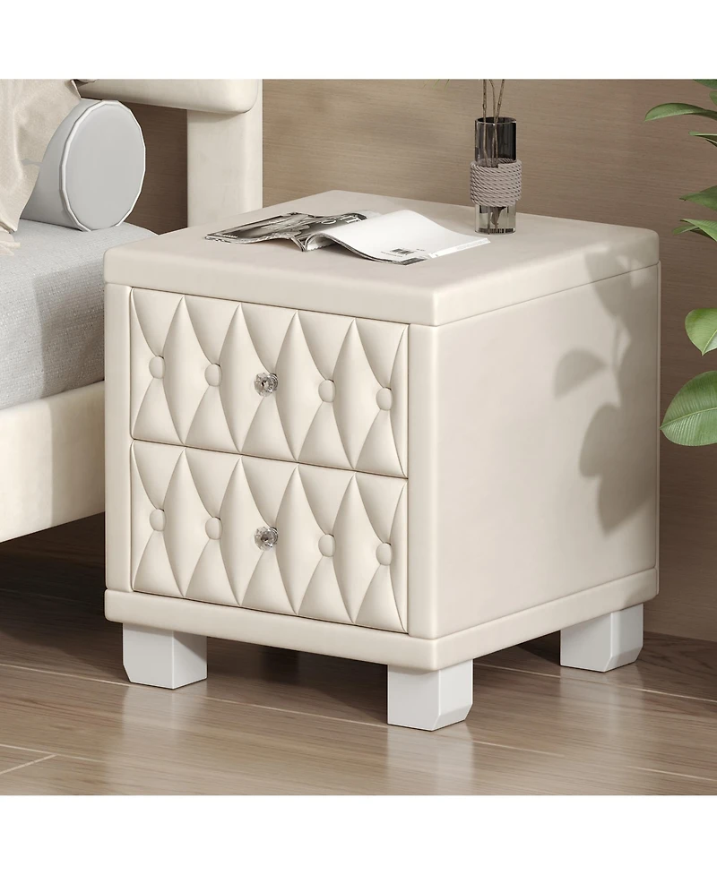 Rainsken Velvet Nightstand With 2 Storage Drawers, Modern Bedside Table With Diamond Tufted Design And Crystal Knobs For Bedroom, Living Room