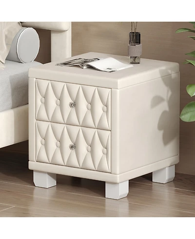 Rainsken Velvet Nightstand With 2 Storage Drawers, Modern Bedside Table With Diamond Tufted Design And Crystal Knobs For Bedroom, Living Room