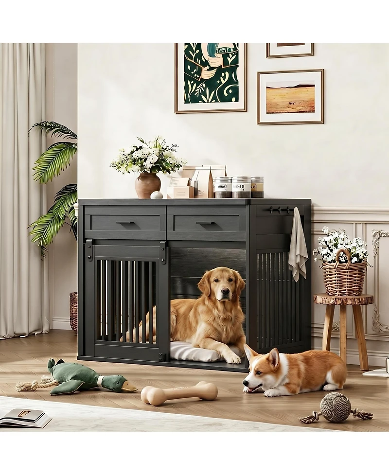 gaomon 44.5'' Dog Crate Furniture with Storage Drawers, Wooden Double Cage Tv Stand 2 Sliding Barn Doors, for Medium/Large Breeds