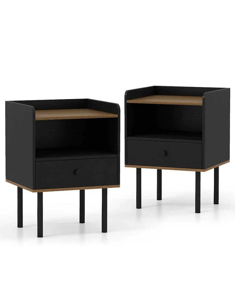Slickblue Set Of 2 Nightstands With Drawer And 3-Tier Open Shelf