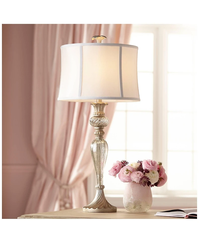 Regency Hill Traditional Table Lamp with Usb Charging Port 32.75" Tall Mercury Glass Drum Shade for Living Room Bedroom House Bedside