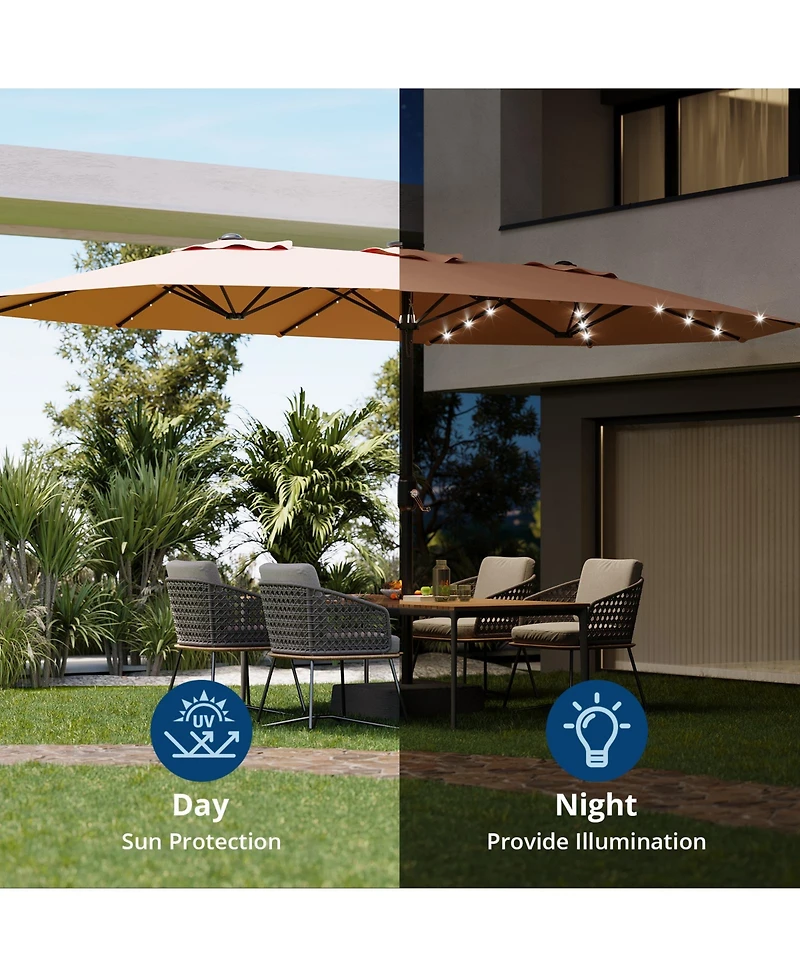 gaomon Outdoor 15Feet Double-Sided Rectangular Patio Umbrella with Base and 36 Solar Led Lights for Pool