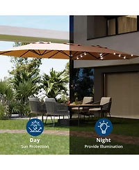 gaomon Outdoor 15Feet Double-Sided Rectangular Patio Umbrella with Base and 36 Solar Led Lights for Pool