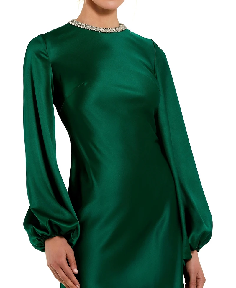 Mac Duggal Petite Crystal Embellished High Neck Satin Maxi Dress