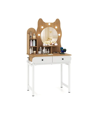 Slickblue Cute Kitty Vanity Desk with Mirror, Lights, and Built-In Power Outlets