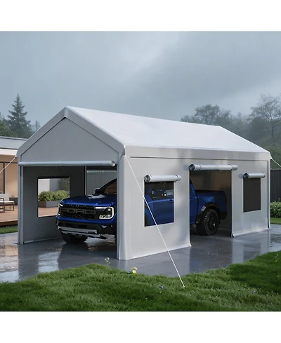 homfan Car Canopy with 4 Sidewalls, Heavy Duty Carport Tent with Roll-Up Windows, Galvanized Steel Frame Pe Fabric Vehicle Shelter