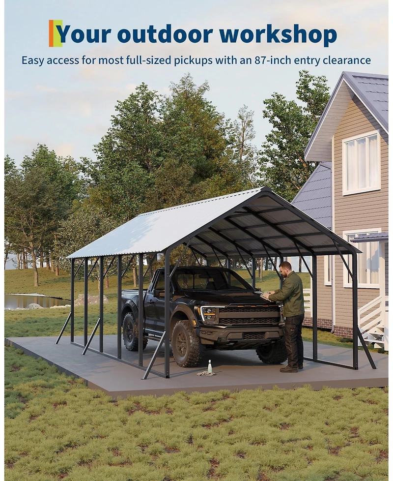 homfan Heavy Duty Carport, Galvanized Steel Frame with Vertical Profile Metal Roof, Vehicle Parking Shelter