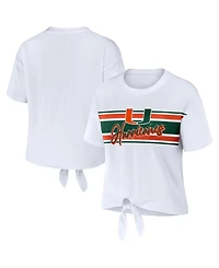 Wear by Erin Andrews Women's White Miami Hurricanes Striped Front Knot Cropped T-Shirt