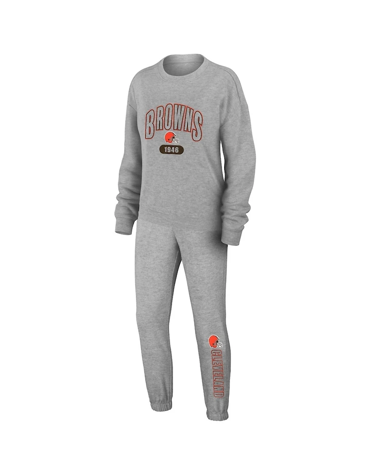 Wear by Erin Andrews Women's 2-Piece Heather Gray Cleveland Browns Plus Knitted Tri-Blend Long Sleeve T-Shirt & Pants Lounge Set