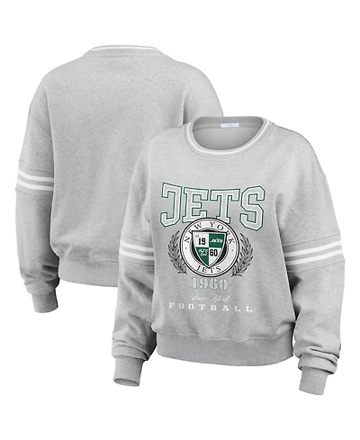 Wear by Erin Andrews Women's Heather Gray New York Jets Crest Cropped Pullover Sweatshirt