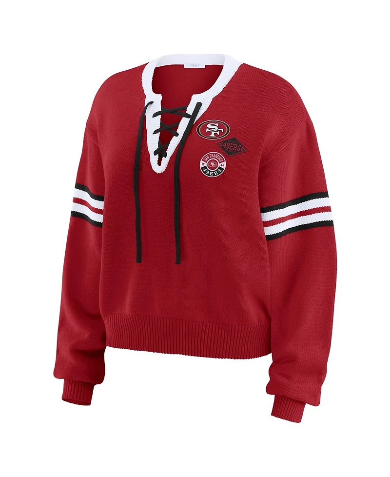 Wear by Erin Andrews Women's Scarlet San Francisco 49ers Lace-Up Sweater