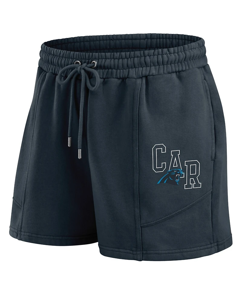 Wear by Erin Andrews Women's 2-Piece Black Carolina Panthers Washed Fleece Long Sleeve T-Shirt & Shorts Lounge Set
