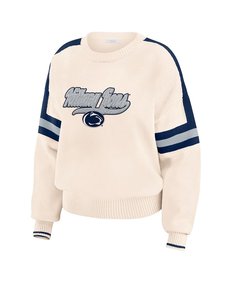 Wear by Erin Andrews Women's Cream Penn State Nittany Lions Chenille Woven Patch Stripe Pullover Sweater