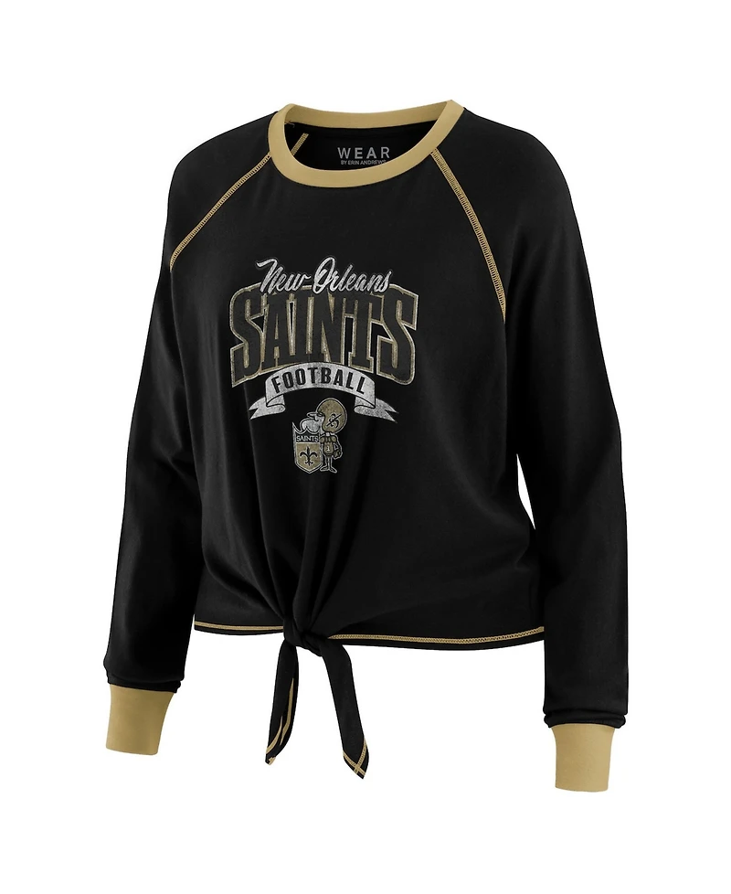 Wear by Erin Andrews Women's Black/Gold New Orleans Saints Tie-Front Long Sleeve Top