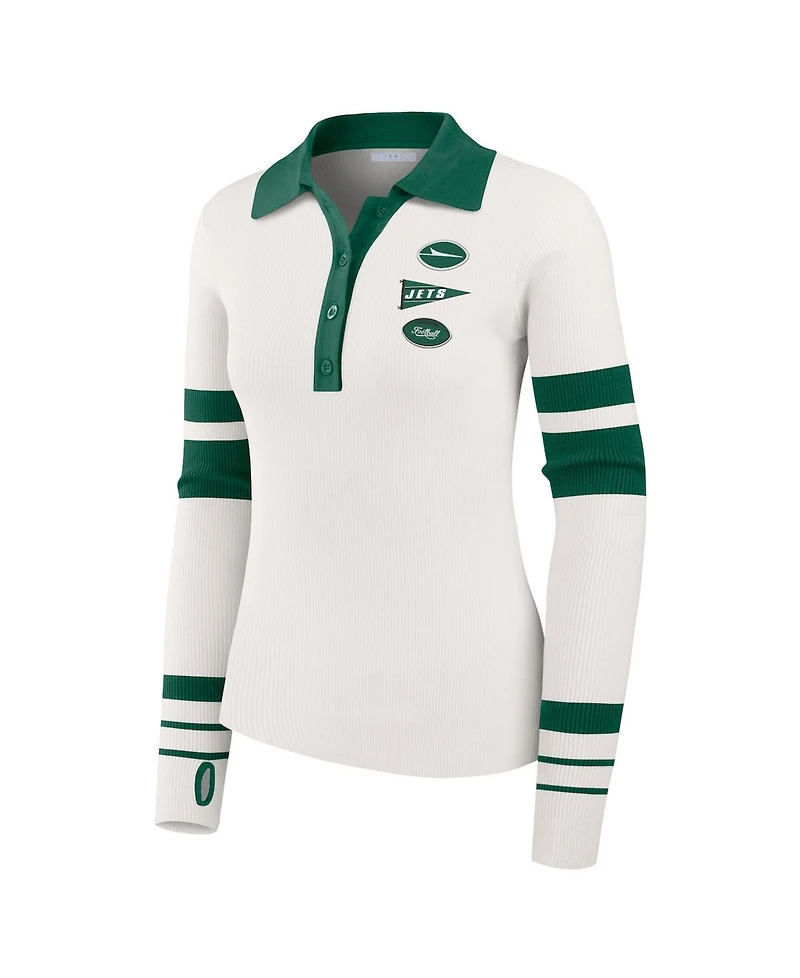 Wear by Erin Andrews Women's White New York Jets Ribbed Henley Polo Sweater