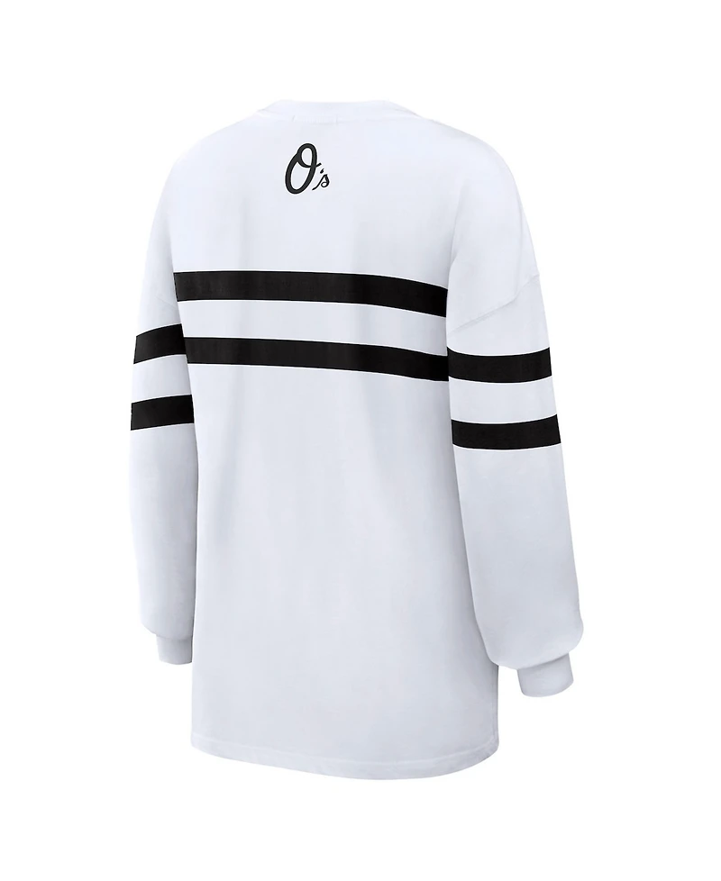 Wear by Erin Andrews Women's White Baltimore Orioles Oversized Long Sleeve Striped T-Shirt