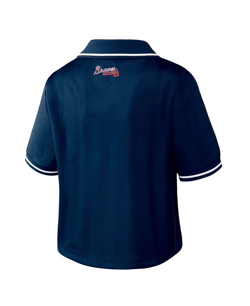 Wear by Erin Andrews Women's Navy Atlanta Braves Cropped V-Neck Polo Shirt