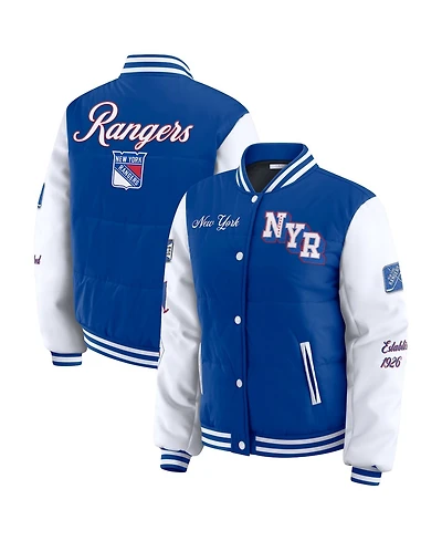 Wear by Erin Andrews Women's Blue/White New York Rangers Varsity Full-Snap Puffer Jacket