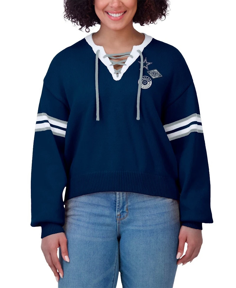 Wear by Erin Andrews Women's Navy Dallas Cowboys Lace-Up Sweater