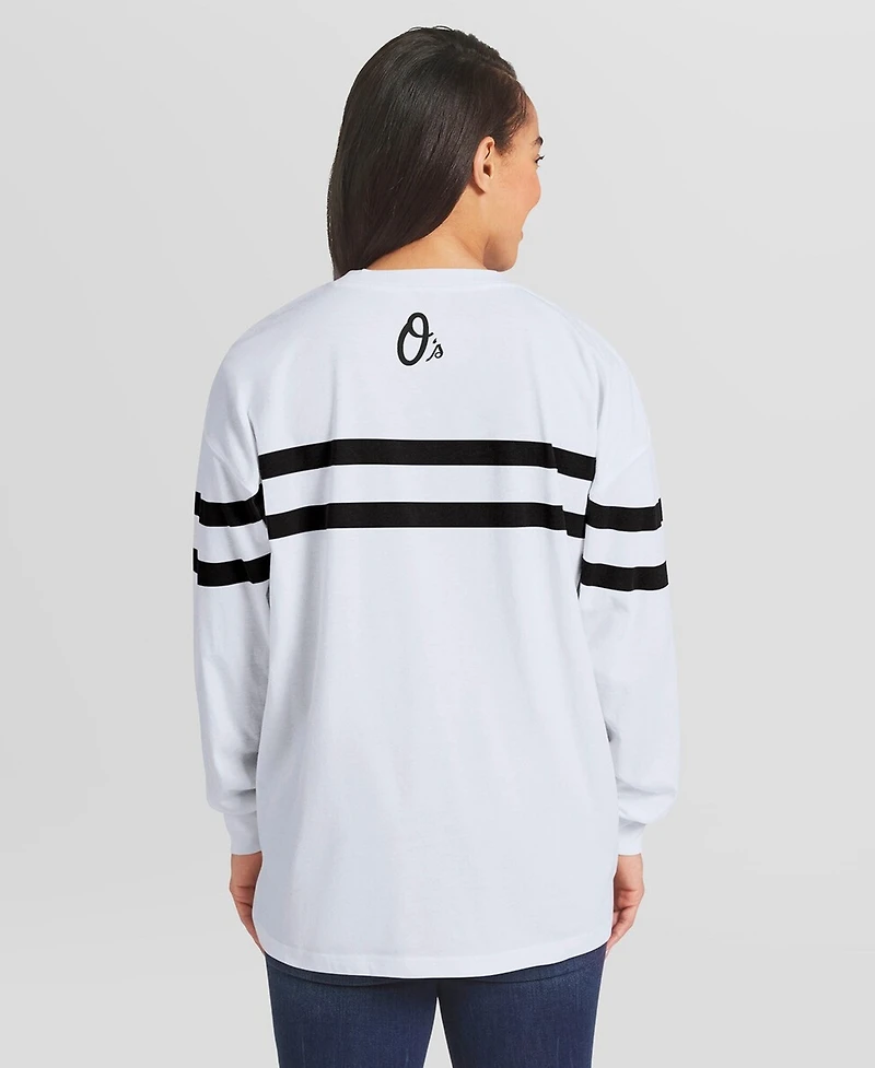Wear by Erin Andrews Women's White Baltimore Orioles Oversized Long Sleeve Striped T-Shirt