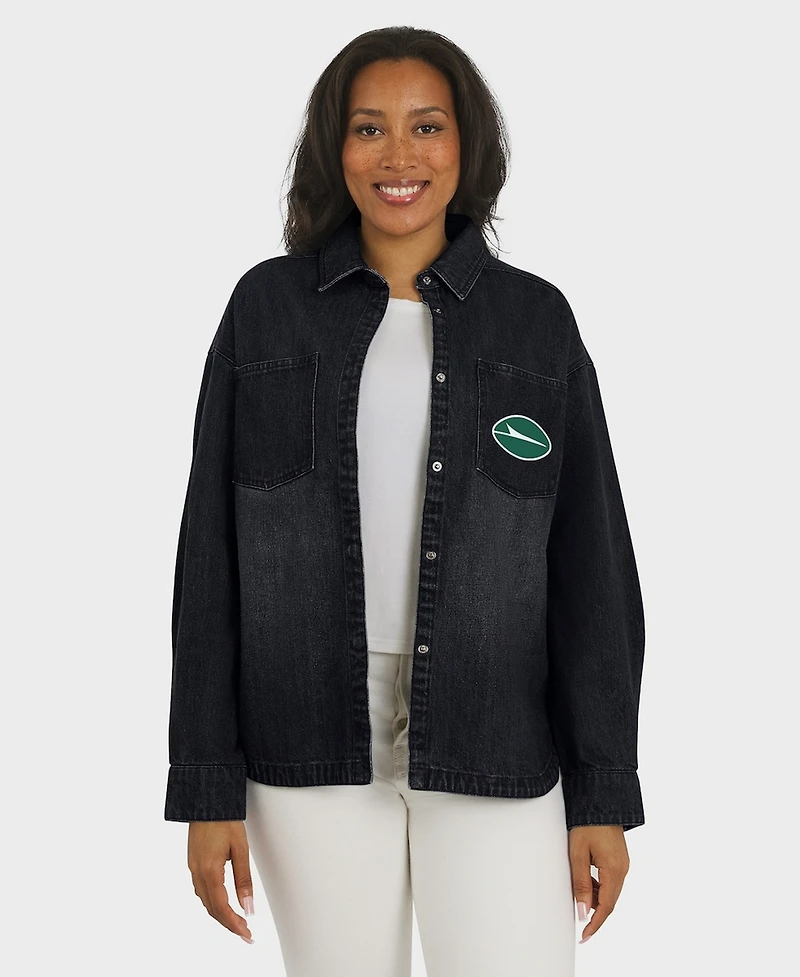 Wear by Erin Andrews Women's Black New York Jets Washed Oversized Denim Full-Snap Shacket
