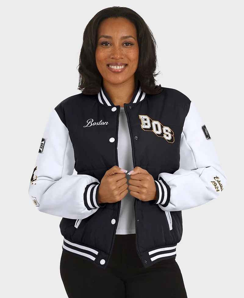 Wear by Erin Andrews Women's Black/White Boston Bruins Varsity Full-Snap Puffer Jacket