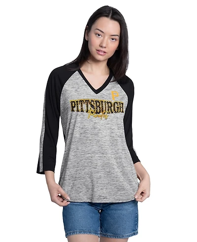 G-iii 4Her by Carl Banks Women's Black/Heather Black Pittsburgh Pirates Speed Training 3/4-Sleeve Rhinestone V-Neck T-Shirt