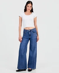 Indigo Rein Juniors' High-Waisted Wide-Leg Studded Jeans, 28-1/2" Inseam