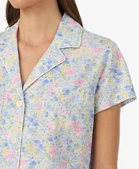 Lauren Ralph Women's Short-Sleeve Notch Collar Cropped Pant Pajama Set