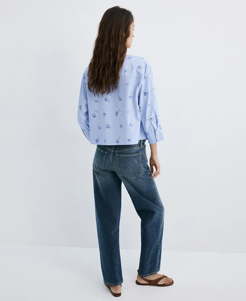 Mango Women's Flower Embroidered Striped Top