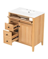 Busdays Grain Bathroom Vanity with Ceramic Sink Solid Wood Legs Soft Close Tip Out Drawer Door Storage Adjustable Shelf