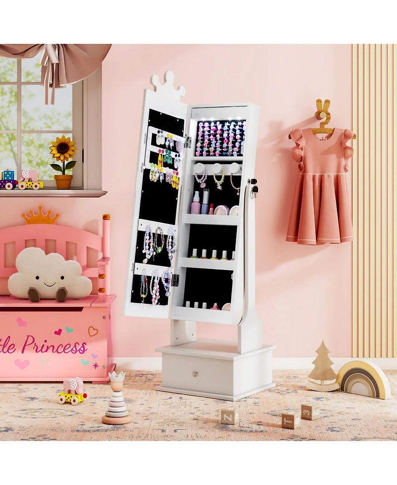 Sugift Kids Lighted Jewelry Armoire with Full-Length Mirror and Interior Led Lights