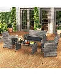 Costway Patio Furniture Set with Tempered Glass Coffee Table Loveseat Single Sofas