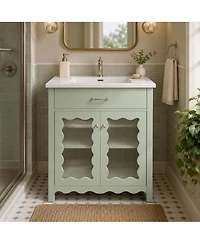 Phying 30 Inch Multifunctional Bathroom Vanity Modern Storage Cabinet with Tempered Glass Rubber Wood Legs and Soft Close Silent Doors