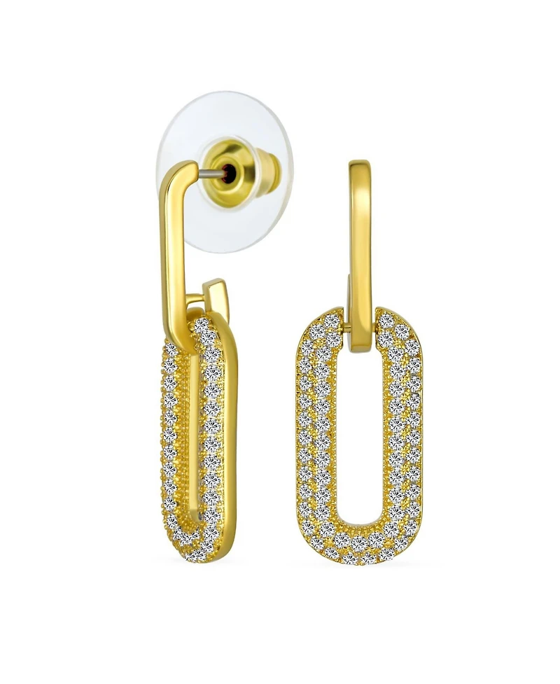 Bling Jewelry Geometric Vertical U Oval Micro Pave Cz Dangling Link Paperclip Earrings Gold Plated