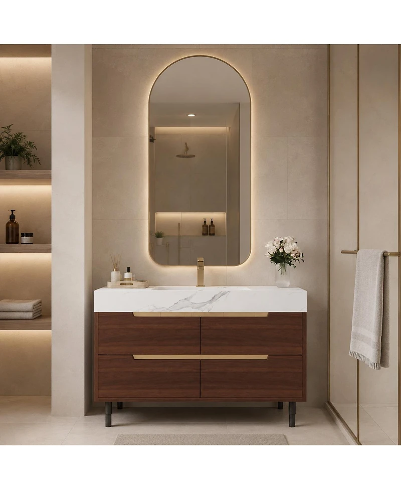 Phying 35.4 Inch Farmhouse Free Standing Sintered Stone Bathroom Vanity with Waterproof Multi layer Solid Wood 4 Drawers Storage Wall Mounted Cabinet