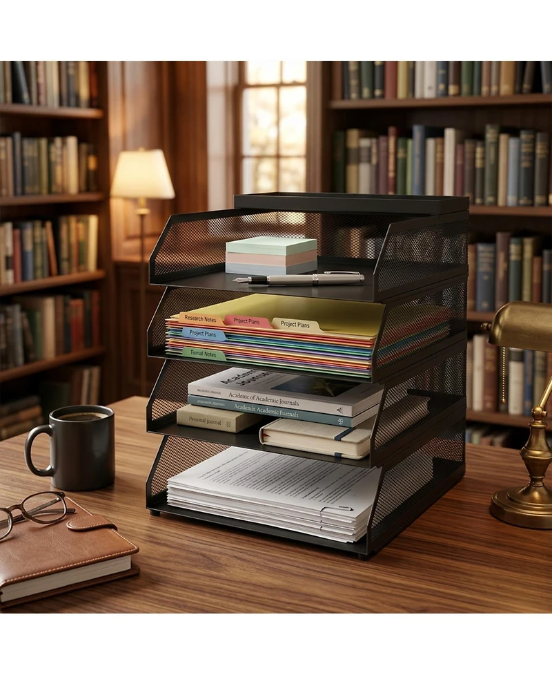 gaomon 4-Tier Stackable Mesh Desk File Organizer, Black Metal Document Tray with Top Shelf, Office Paper Holder for Letters, Folders and Supplies