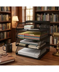 gaomon 4-Tier Stackable Mesh Desk File Organizer, Black Metal Document Tray with Top Shelf, Office Paper Holder for Letters, Folders and Supplies