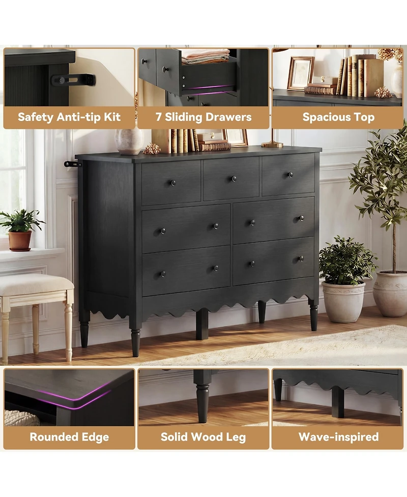 Aheaplus 47" Wooden 7-Drawers Cabinet, Farmhouse Dresser for Badroom