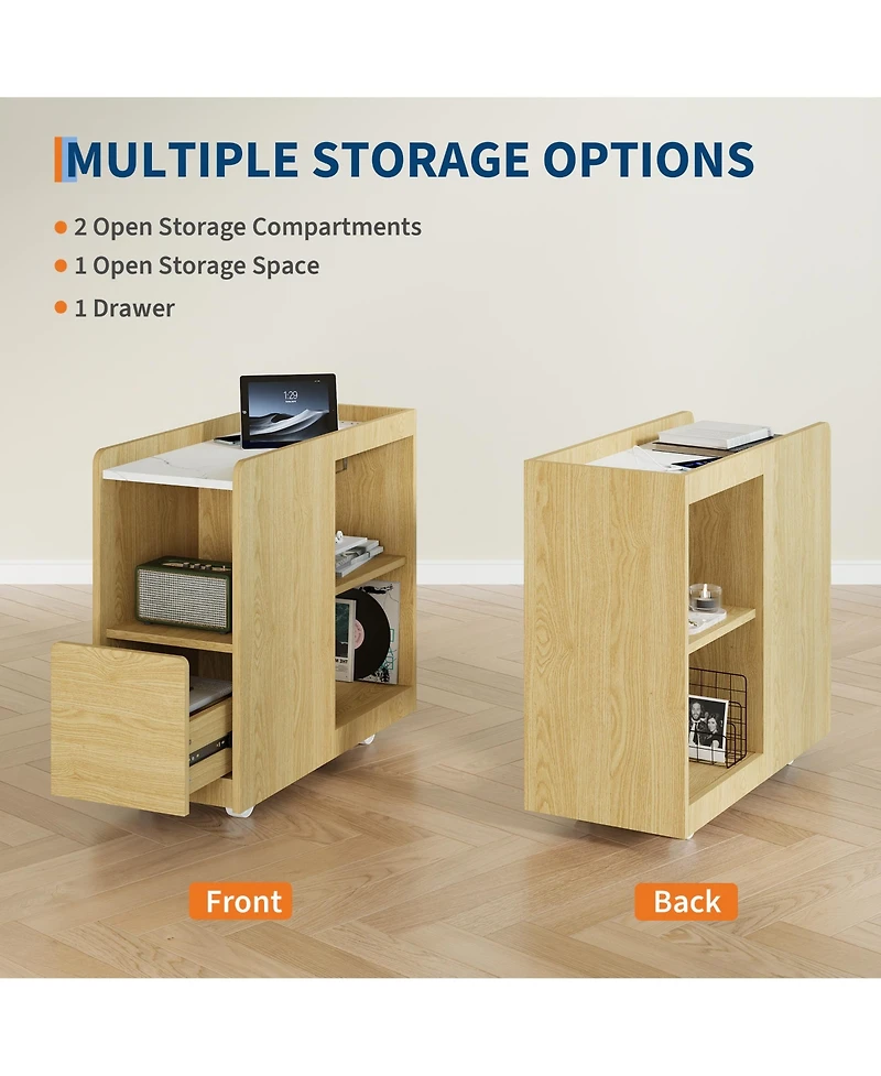 homfan End Table with Charging Station, Mobile Side Table with Drawer and Adjustable Shelf, Locking Wheels Nightstand for Living Room or Bedroom