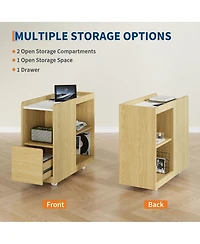 homfan End Table with Charging Station, Mobile Side Table with Drawer and Adjustable Shelf, Locking Wheels Nightstand for Living Room or Bedroom