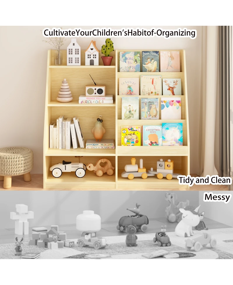 Rainsken Kids Bookshelf and Toy Storage Organizer, 4 Tier Wooden Kids Bookcase with Display Stand for Kids Room, Playroom and Nursery