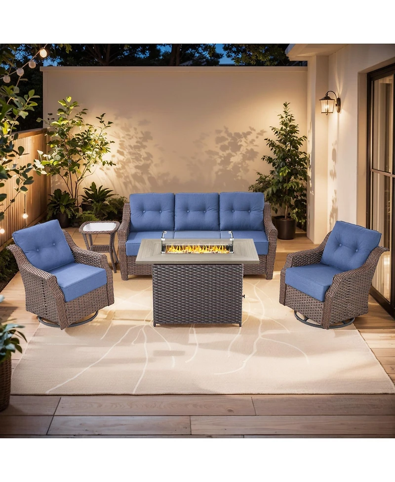 Pocassy 5-Piece Wicker Patio Conversation Set with Thick Cushions and Fire Pit Table