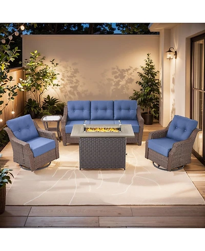Pocassy 5-Piece Wicker Patio Conversation Set with Thick Cushions and Fire Pit Table