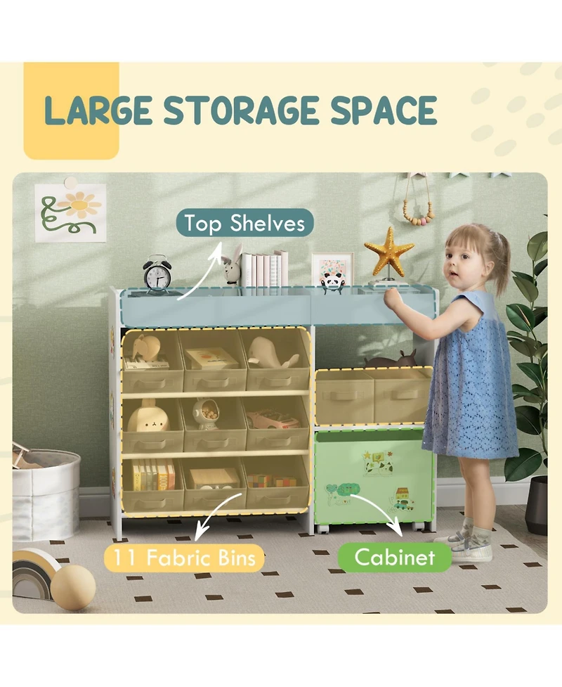Rainsken Toy Storage Organizer for Kids, with 6 Shelves and 11 Fabric Bins, Moveable Cabinet and 3 Stickers, for Nursery, Playroom, Bedroom